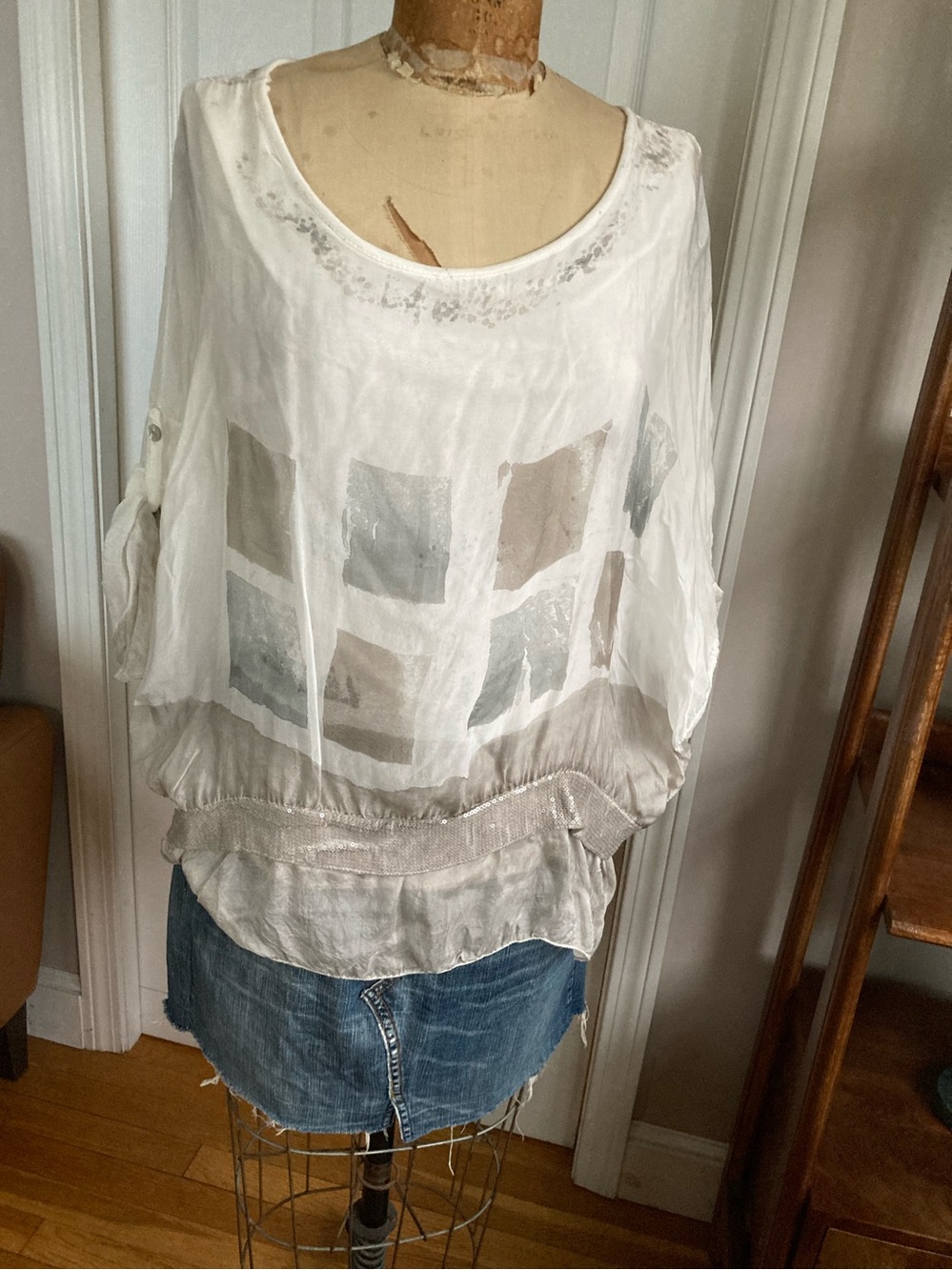 Silk White Sheer 100% Silk Top. Two layers under layer cotton.